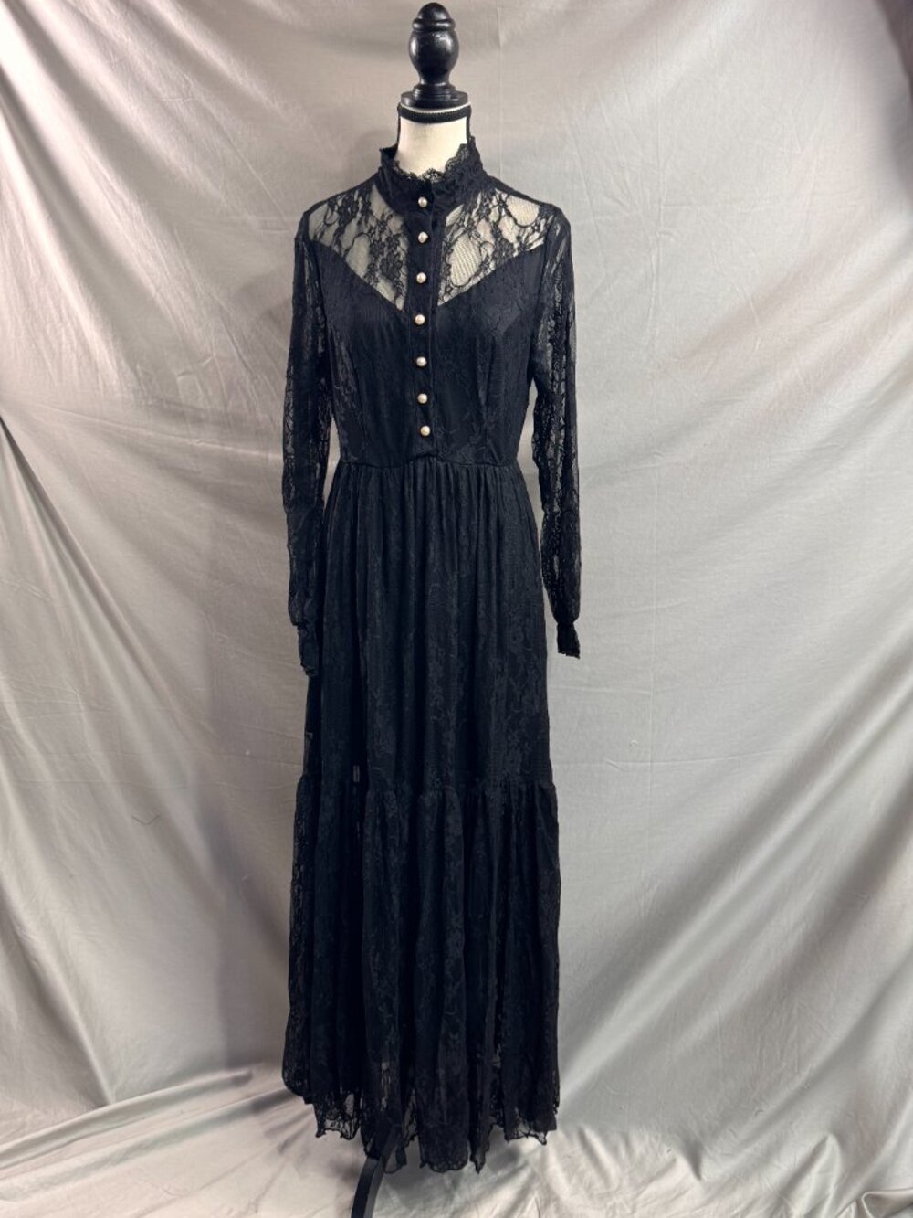 Victorian Black Lace Maxi Dress High Neck Long Sleeve Gothic Boho Gown - Picture 9 of 13